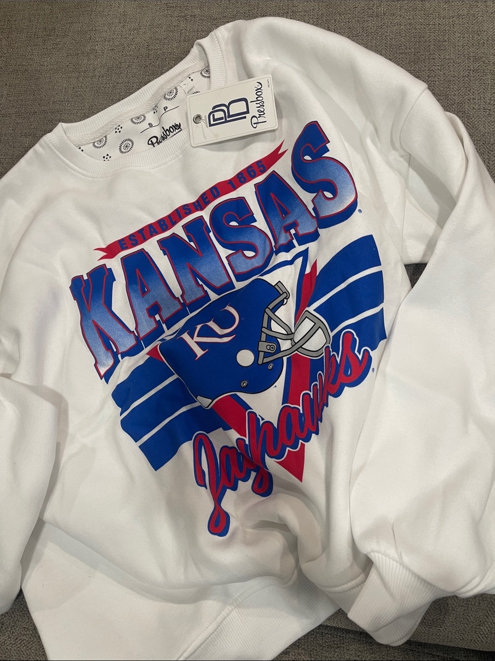 Pressbox White Crewneck Kansas Jayhawks Graphic Sweatshirt